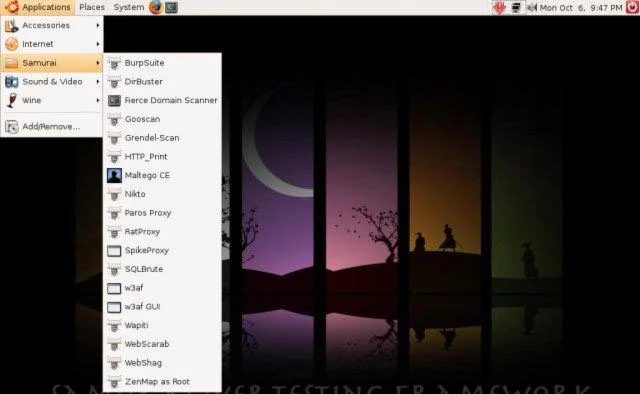 Captura de pantalla del Sistema Operativo de Samurai Web Testing, Ciberninjas